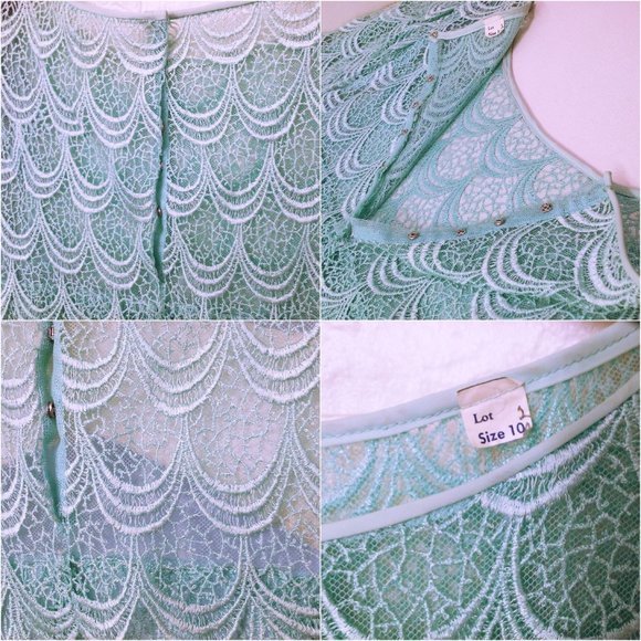 Vintage 70-80s Sheer Scalloped Lace Dress 6/8 Flutter Sleeve Snap-Back Turquoise - Picture 7 of 11